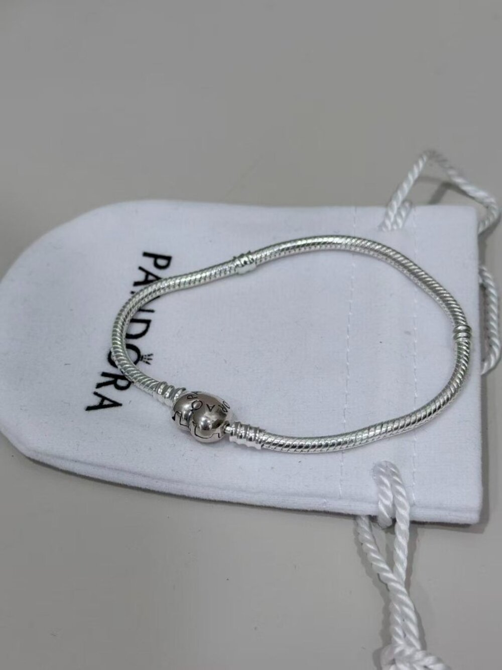 Pandora Silver‑Tone Snake Chain Bracelet Logo Engraved Ball Clasp Charm Bracelet